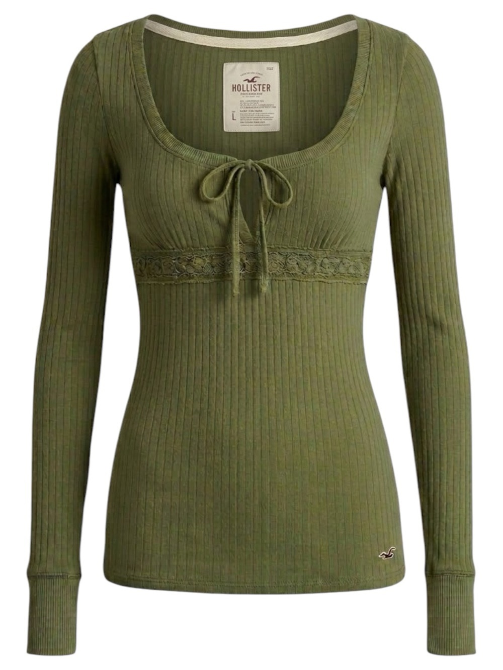 Hollister Olive Ribbed Lace-Trim Tie-Front Long Sleeve Top Size Large